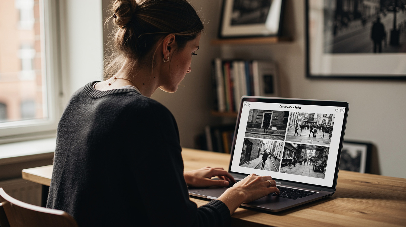 Editor reviewing documentary photographs on a laptop